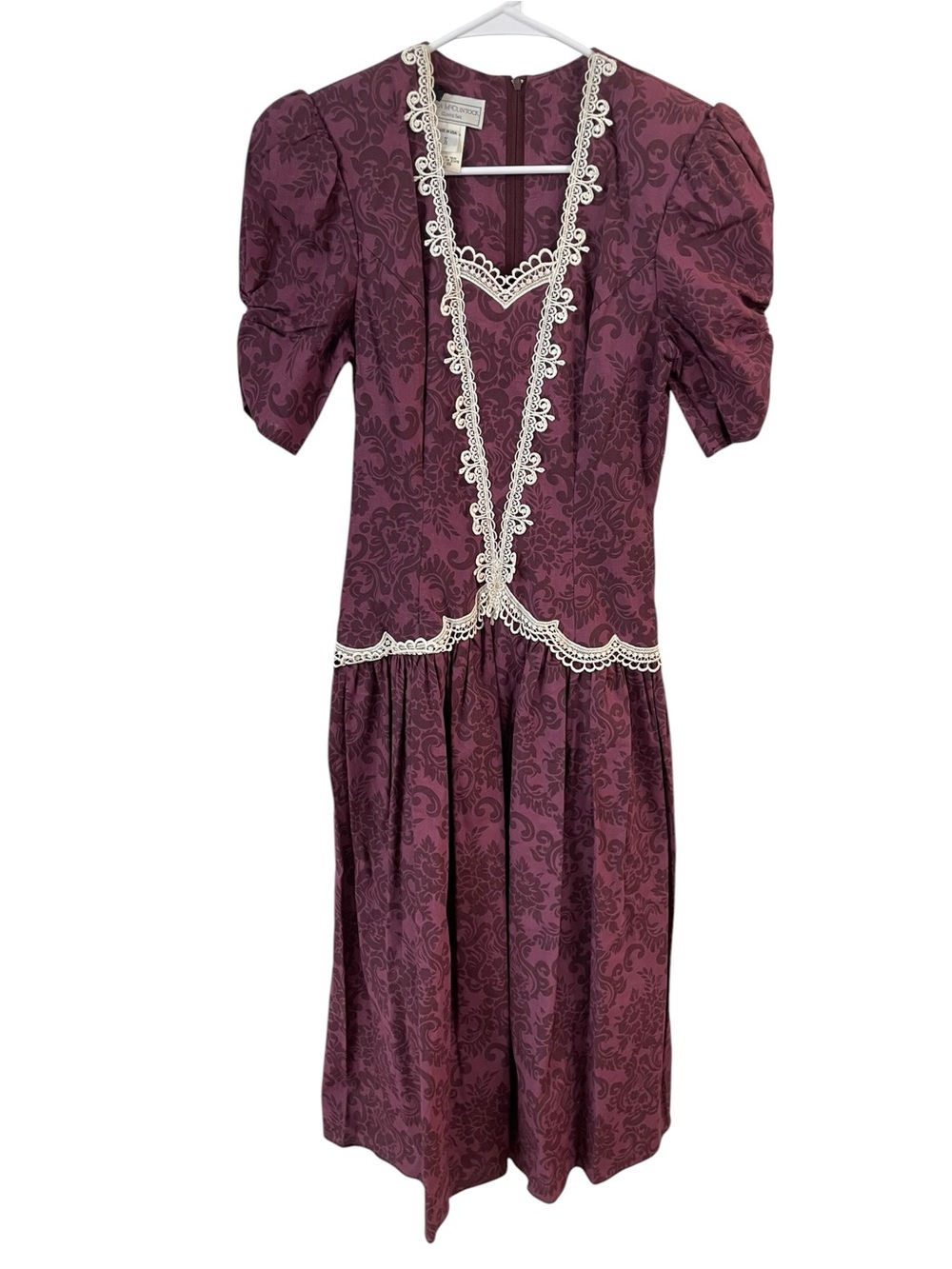 Vintage 80s Jessica McClintock Gunne Sax Cotton Prairie Dress 7/8 Burgundy Lace - Picture 3 of 15
